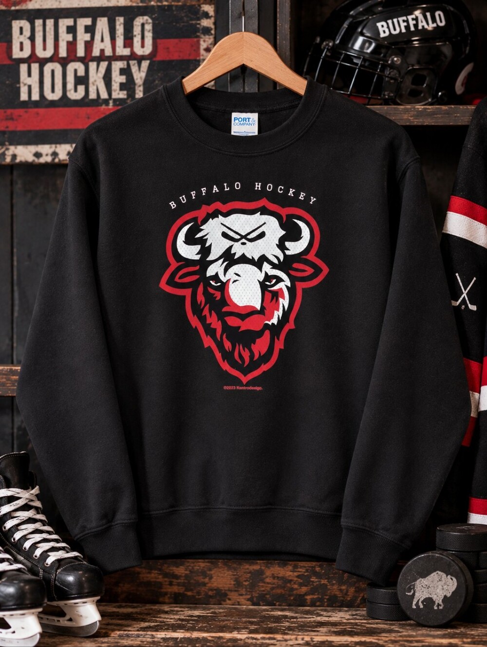 🏒 Buffalo Hockey Bison Graphic Crewneck Sweatshirt – Black – Medium – Like New